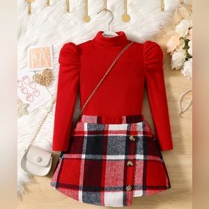 Girls Mock Neck Puff Sleeve Tee & Plaid Asymmetrical Hem Skirt